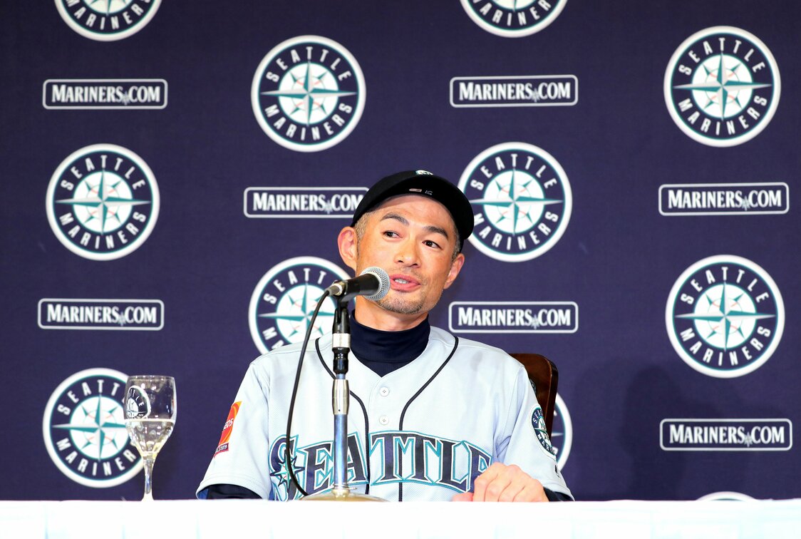 引退会見をする米大リーグ・マリナーズのイチロー＝2019年3月22日、東京都文京区（時事）
