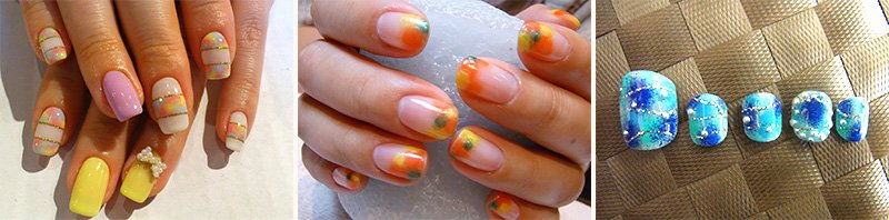 ポップなカラーがベースのジェルネイル（左＝ネイルサロン「nadine」、中＝ネイルサロン「hokuri」）。　夏場など足先が見える季節は足のネイルも必須（右＝ネイルサロン「トゥーソレイユ」）。