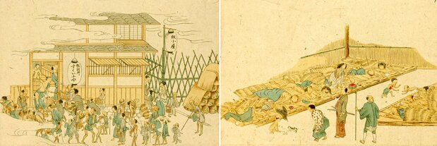 为救济、收容饥民而设置的救济站。图中描绘的是始于1833年的“天保大饥荒”期间的情形(出自《荒岁流民救恤图》,国立国会图书馆藏)