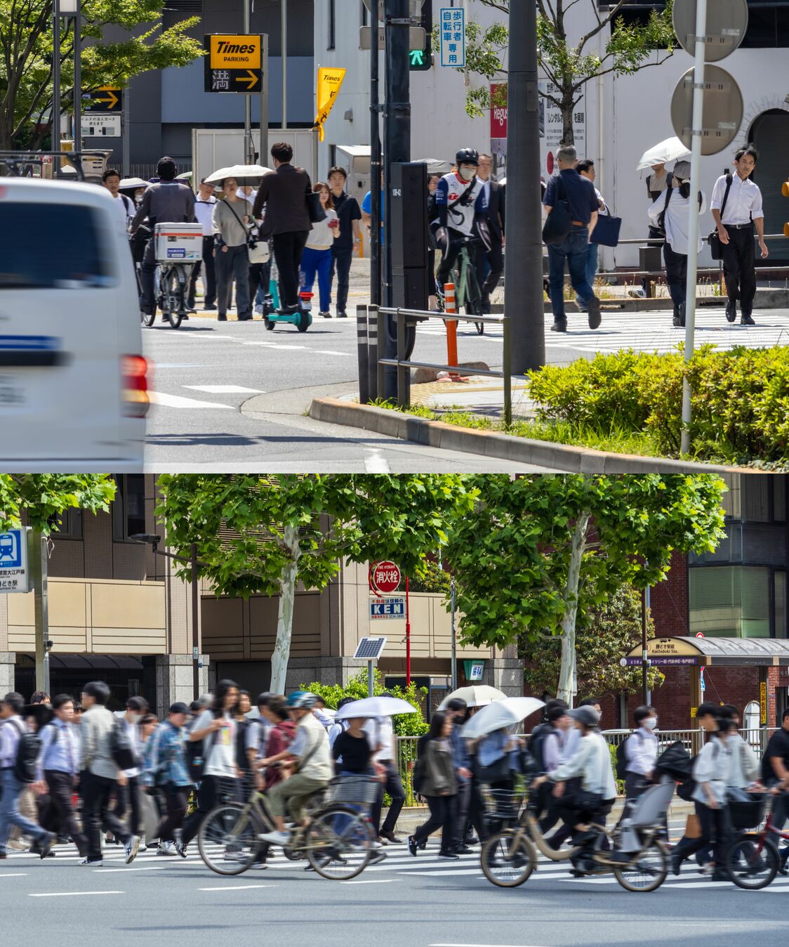 通勤高峰时段的东京都内。人行道上行人与自行车交错穿行