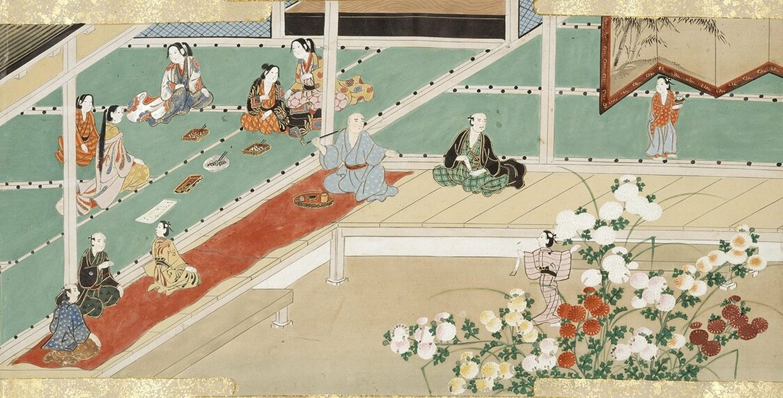 “上巳（桃花节）”“端午”“七夕”等节日还深深扎根于现代生活之中，但9月9日的“重阳”早已不见踪影。在过去，这一天人们会祈祷无病息灾，喝菊花酒（《十二月游》，国立国会图书馆藏）