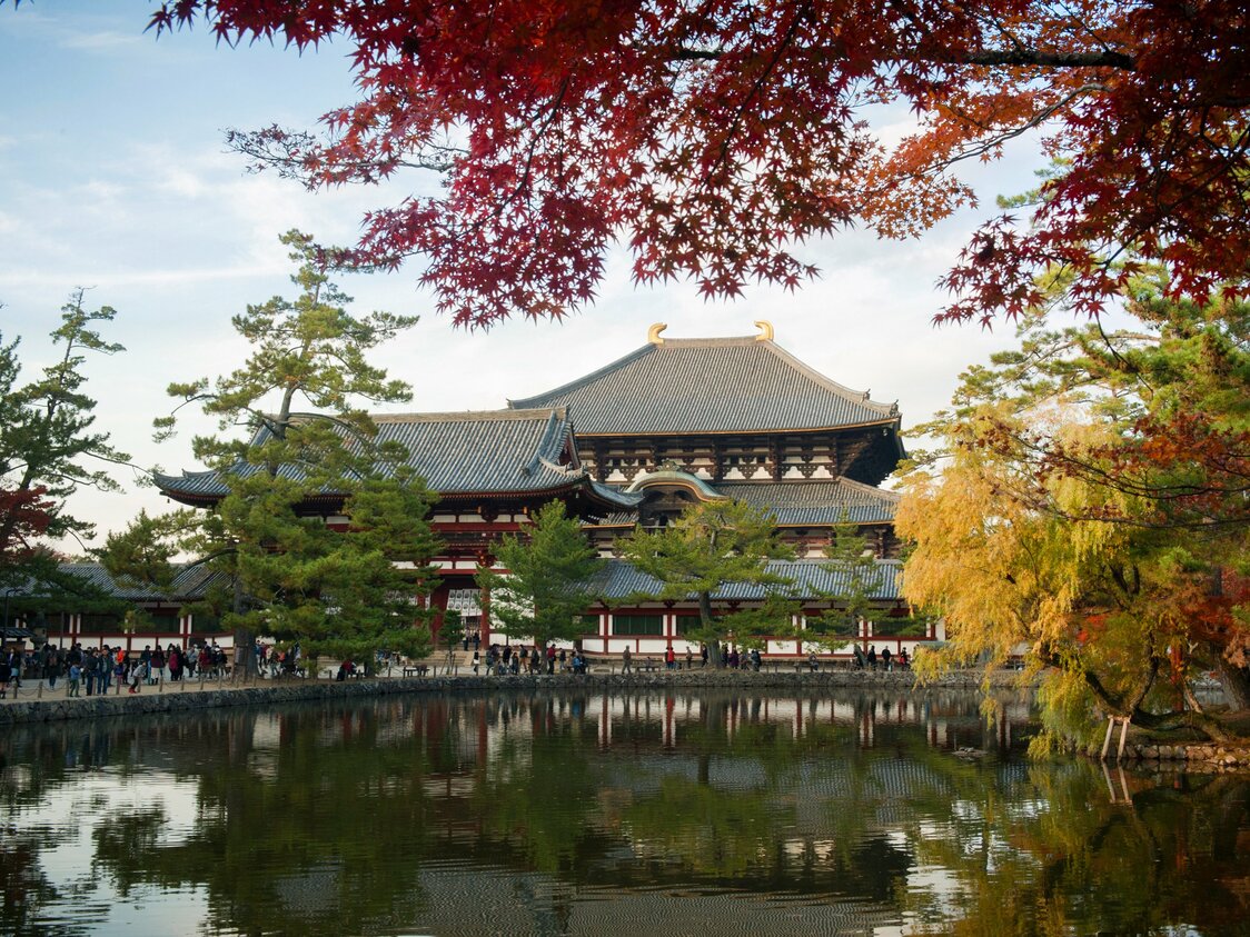 透过镜池池畔的红叶，眺望东大寺大佛殿