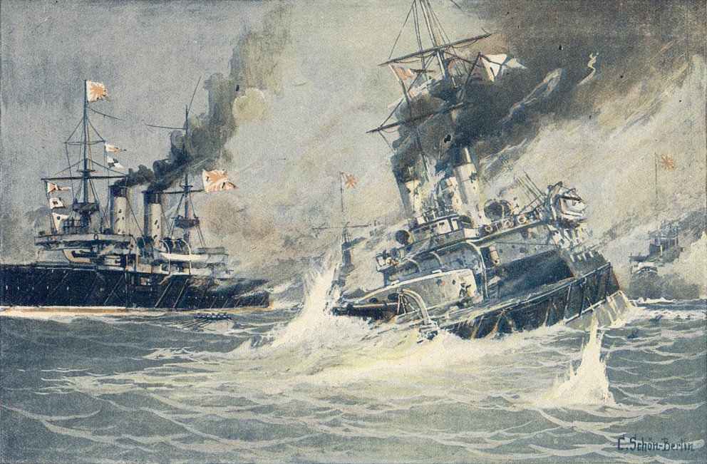 La flota combinada al mando del almirante Tōgō Heihachirō, con 96 unidades (cuatro acorazados y ocho cruceros entre ellas) aguardó la llegada de la Flota del Báltico, de 38 unidades (ocho acorazados y seis cruceros entre ellas) en el estrecho de Tsushima. El choque naval (batalla de Tsushima en Occidente, batalla del mar del Japón, en Japón) se produjo los días 27 y 28 de mayo de 1905. La flota rusa fue aniquilada, con 19 naves hundidas y otras siete apresadas o inutilizadas. En la ilustración, el acorazado ruso Navarin se hunde tras recibir el ataque de un torpedero japonés. (Mari Evans Picture Library / Kyōdō Tsūshin Images)