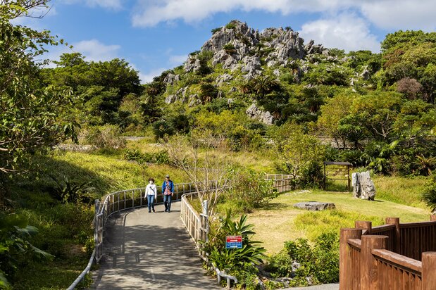 The final stretches of the Wonder of Rocks and the Churaumi Ocean View Trails converge at the wheelchair-accessible trail. All three end at Seikigoya.