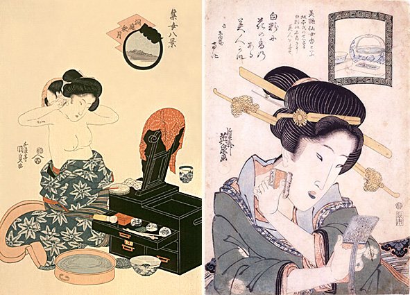 （左）集女八景 洞庭秋月／五渡亭国貞　江戸後期　白粉で着物が汚れないようにもろ肌を脱いで、化粧をする女性。日本の伝統的な化粧では顔だけでなく、耳や首筋、胸のあたりまで白粉を塗った。古くから女性にとって化粧をすることは、とてもプライベートなのものだった。（右）美艶仙女香・式部刷毛／渓斎英泉　1818～30年頃　美艶仙女香とは江戸時代後期、流行した白粉のひとつ。刷毛で白粉を塗る遊女の姿が描かれている（ポーラ文化研究所所蔵）。