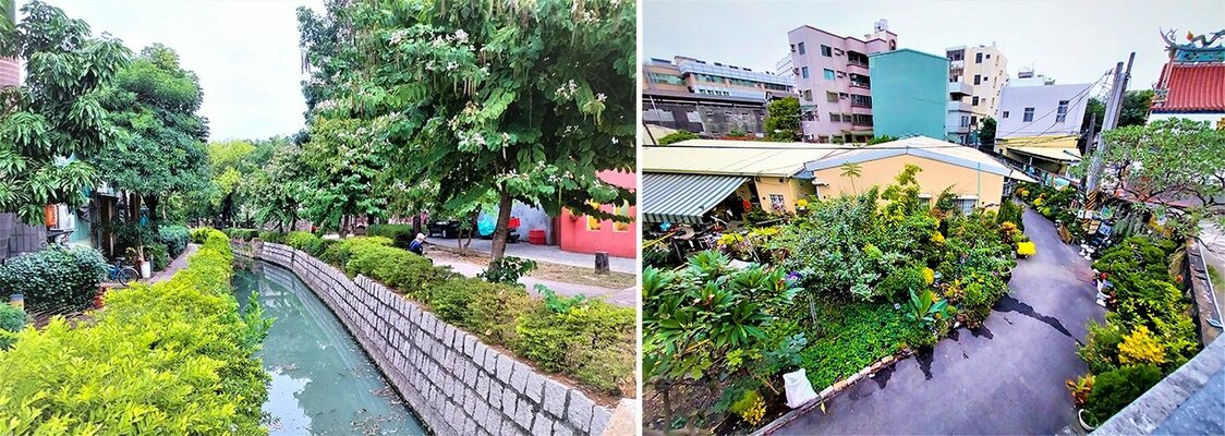 曹公廟のそばにある曹公の疎水と、かつての城壁にあった「平成砲台」の上から見たかつての城郭のお濠の暗渠