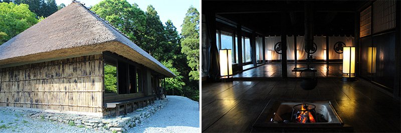 祖谷の「篪庵」の外観と内観。板張りの座敷には、昔ながらの囲炉裏がある。一棟貸しで家族連れにも人気だ　©Alex Kerr