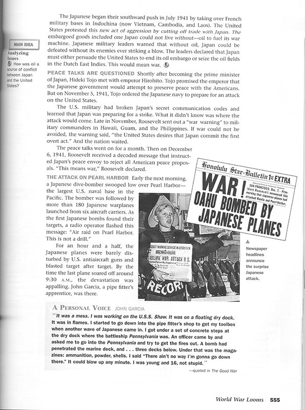 Passage from an American history textbook on the Pearl Harbor attack.