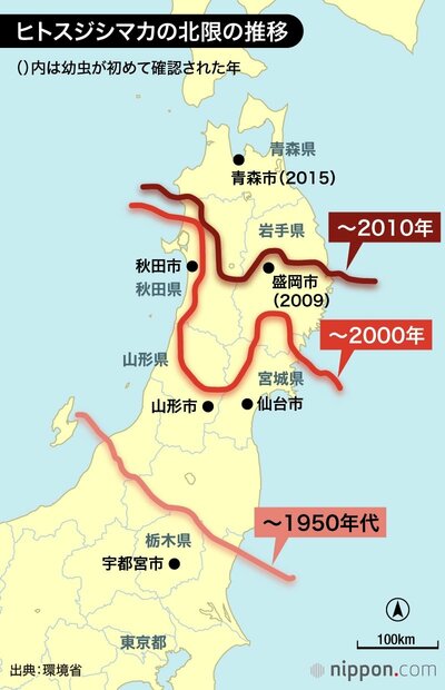 ヒトスジシマカの北限の推移