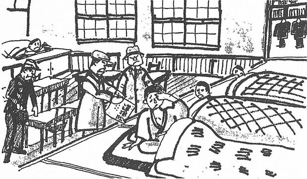 Приход следователей (по эскизу Хисия Рёити; источник: автобиография «Столетний поиск»)