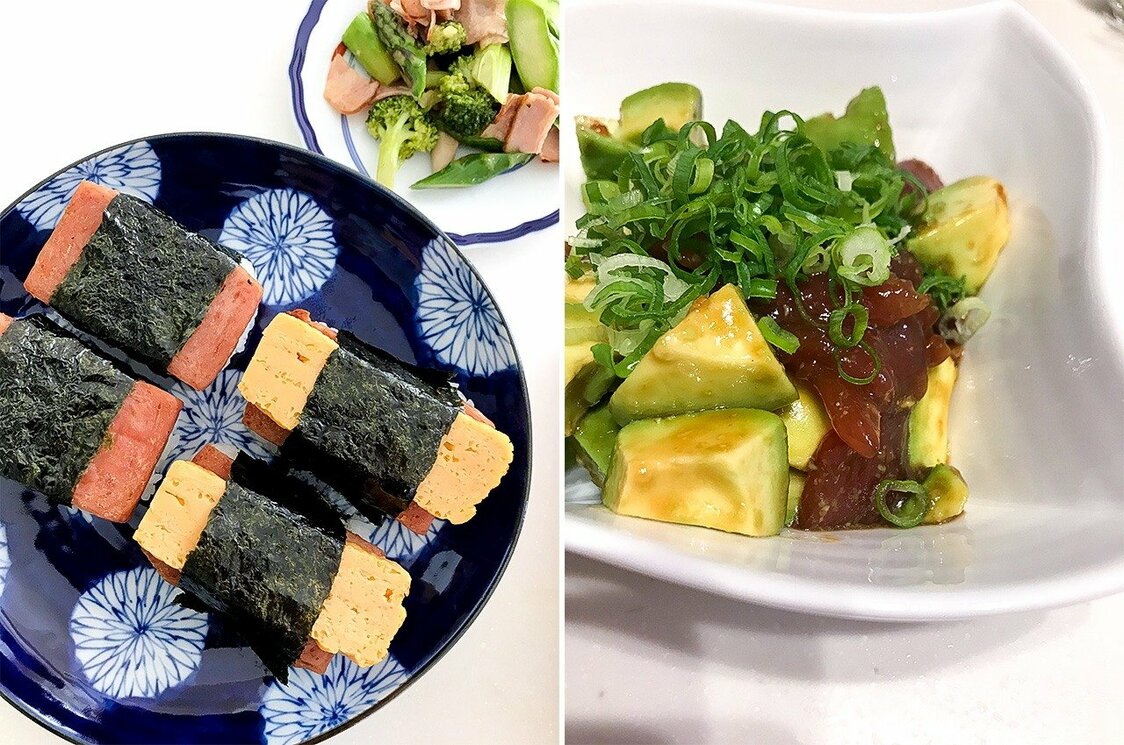 「いやす夢」をお手本に卵焼きをのせて自宅で作ったスパムむすび（左）。ハワイの漬け料理ポキ（右）はよく食卓にのぼるメニュー