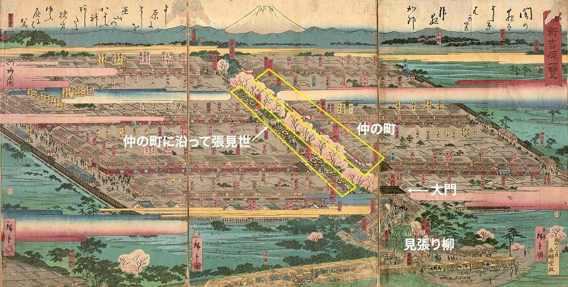 「見返柳」和大門，進門後是主路仲之町，路兩邊都是張見世。見返柳據說是因男人們在吉原尋歡完後，會在此依依不捨地回望而得名 / 《東都新吉原一覽》東京都立中央圖書館特別文庫室