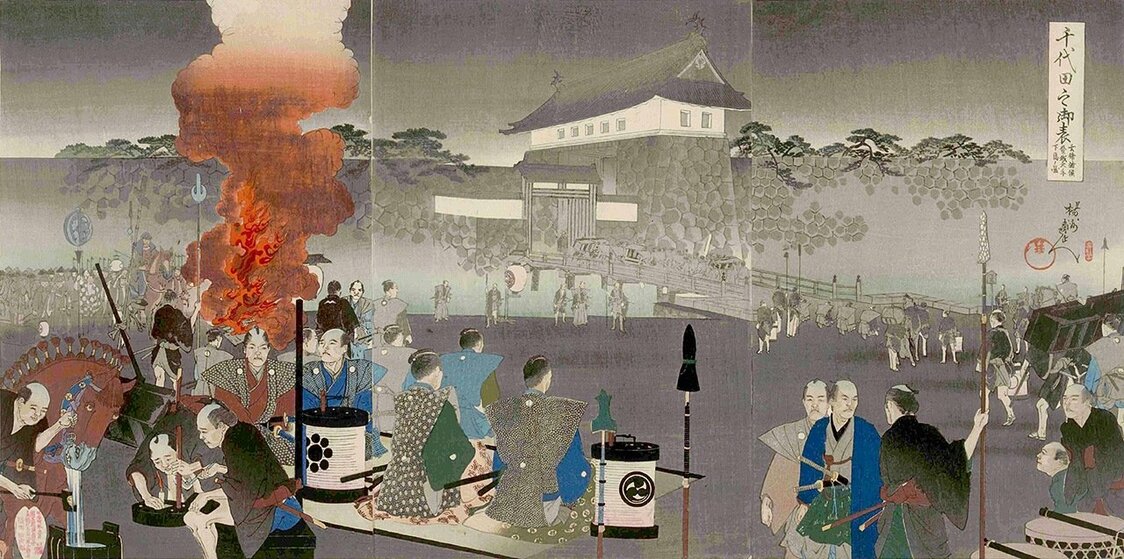 旧暦10月玄猪（最初の亥の日）の大手門を描いた『千代田之御表 玄猪諸侯登場大手下馬ノ図』東京都立中央図書館特別文庫室所蔵