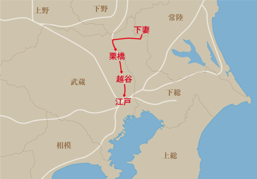 天保5年7月23日〜25日の下妻藩参勤ルート。2泊3日の行程。下妻と栗橋の間に利根川の川越えがあった / 『参勤交代と大名行列』(洋泉社)を基に作成