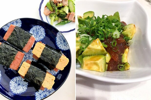 「いやす夢」をお手本に卵焼きをのせて自宅で作ったスパムむすび(左)。ハワイの漬け料理ポキ(右)はよく食卓にのぼるメニュー