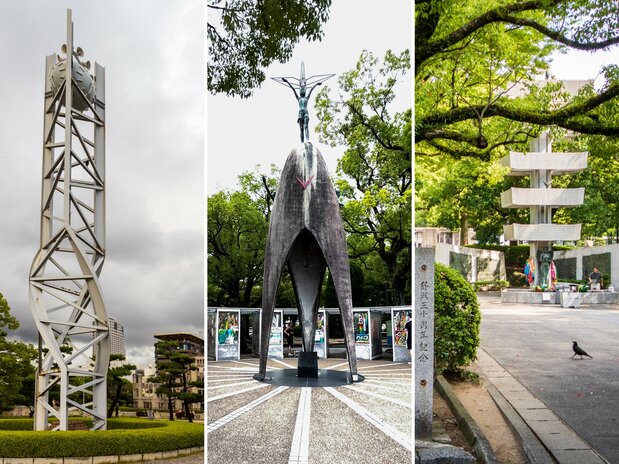 De izquierda a derecha: la Torre Reloj de la Paz, que suena cada mañana a las 8:15; el Monumento a la Paz de los Niños, dedicado a los jóvenes que murieron en el bombardeo y a causa de las enfermedades derivadas de la radiación; y la Torre Conmemorativa a los Estudiantes Movilizados, en recuerdo de los más de 6.000 que perdieron la vida. (© nippon.com)