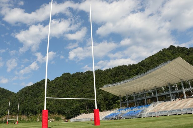 The 16,000-capacity Kamaishi Unosumai Memorial Stadium. At 17 meters, its World Cup-standard goal posts are the tallest in Japan.
