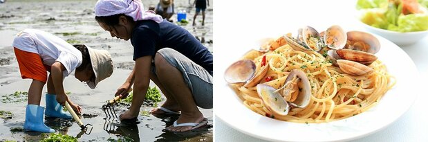 Families enjoying clamming at the beach (left) (© Photo Library) and spaghetti alle vongole. (© Pixta)