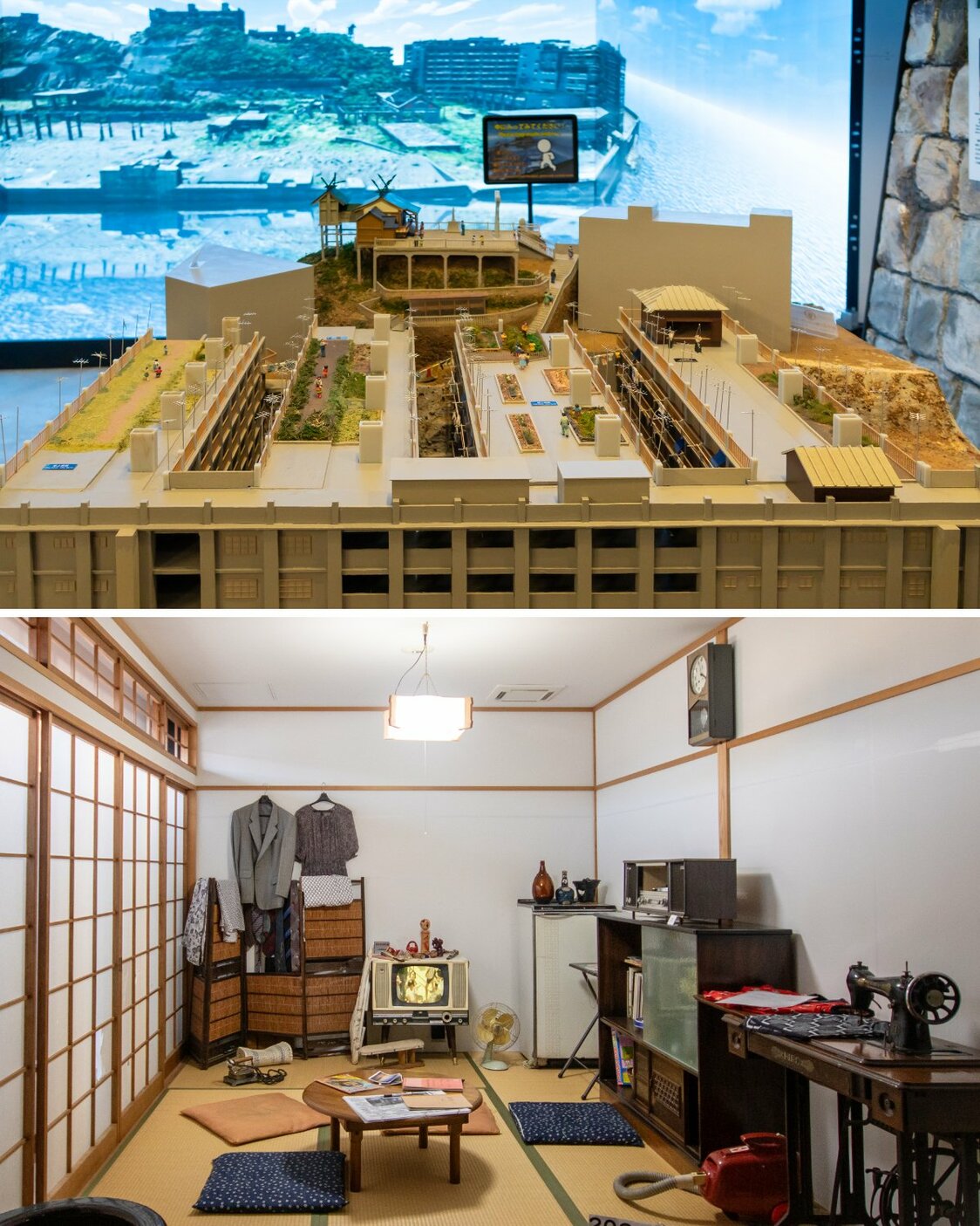 Above: A model of an apartment building with a rooftop farm. Below: A reproduction of a late-1950s apartment interior. (© Nippon.com)