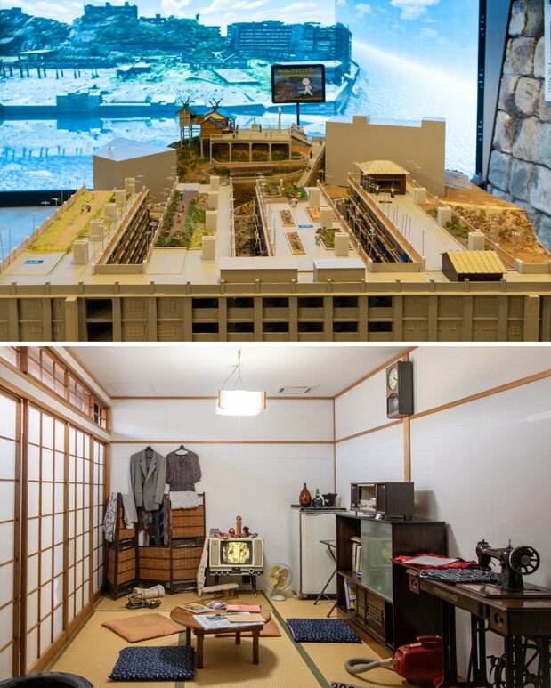 Arriba, una maqueta de un edificio que tenía un huerto elevado. Debajo, la réplica del interior de un apartamento de la segunda mitad de la década de 1950.