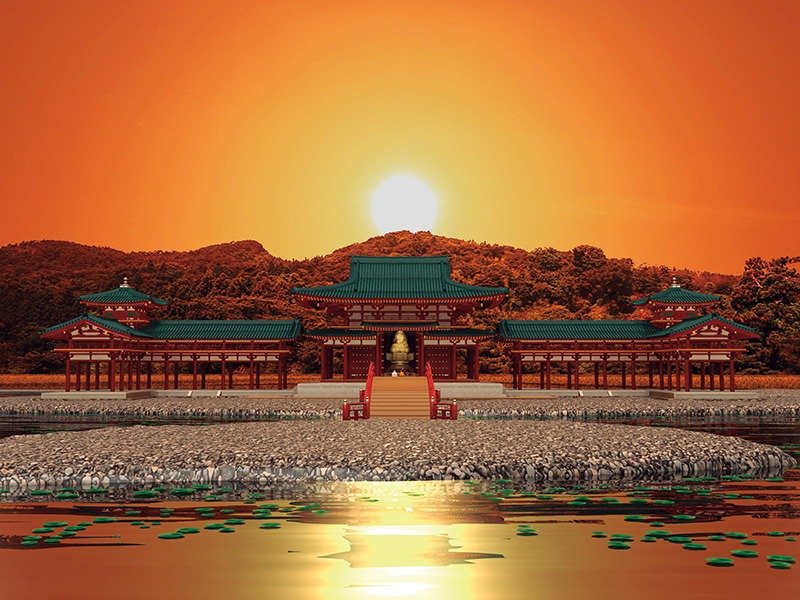 En los equinoccios de primavera y otoño cada año, el sol se pone directamente sobre el centro del pabellón principal del Muryōkōin y la cima del monte Kinkei. (Recreación generada por computadora, © Consejo educativo de la ciudad de Hiraizumi.)