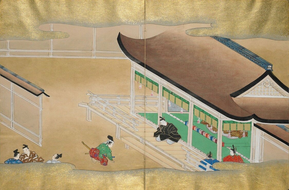 『平家物語』絵本 巻十一 / 検非違使尉に任じられた後、義経は後白河法皇に平家追討を奏上する。院宣を賜った義経は兵を率いて摂津から屋島へ渡るが、法皇と義経の接近を頼朝は嫌った。明星大学図書館所蔵