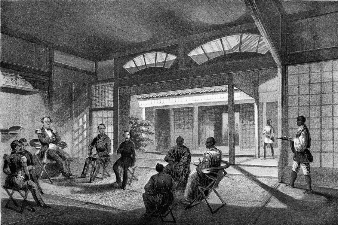 1854年、箱館で行われた会談の図。左がペリー、右が松前勘解由（函館市中央図書館蔵）