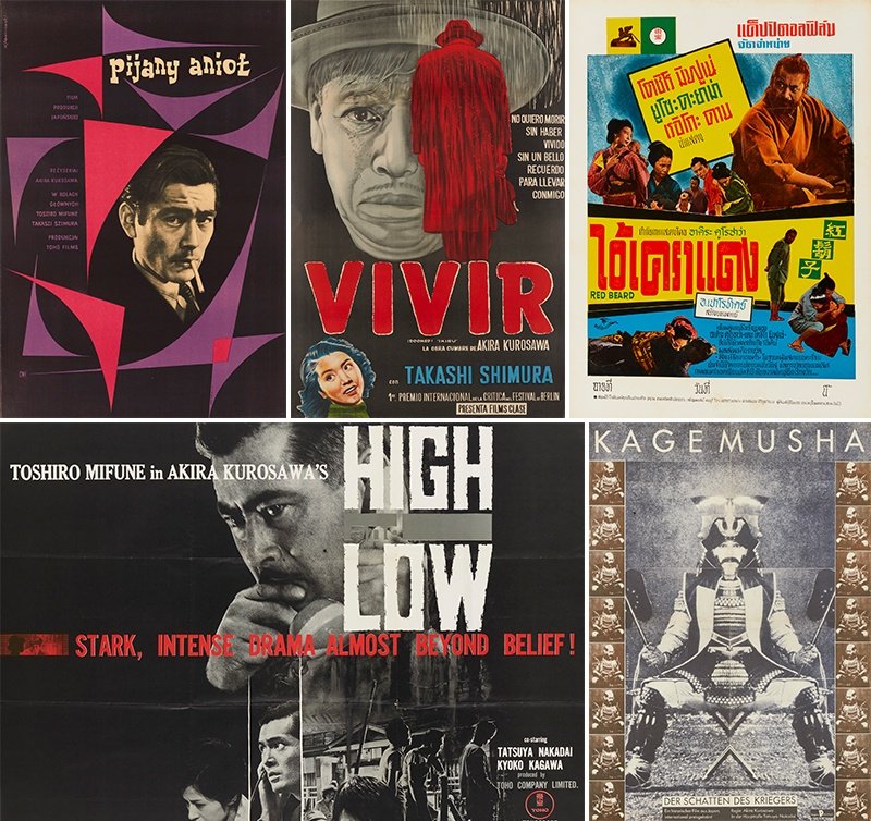 Affiches du haut : L’Ange ivre (1948), affiche polonaise de Władysław Janiszewski (1960), Vivre (1952), affiche argentine des années 1950, Barberousse (1965), affiche thaïlandaise de 1965. Affiches du bas : Entre le ciel et l’enfer (1963), affiche britannique de 1963, Kagemusha, l’ombre du guerrier (1980), affiche est-allemande de 1981 de Otto Kummert.