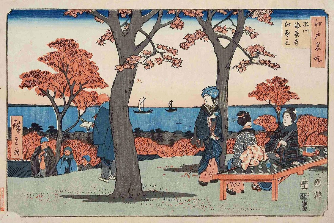 広重は江戸名所「品川海晏寺紅葉見」（1853年 東京都立図書館蔵）で、海晏寺奥の高台から鮫洲海岸を描いた