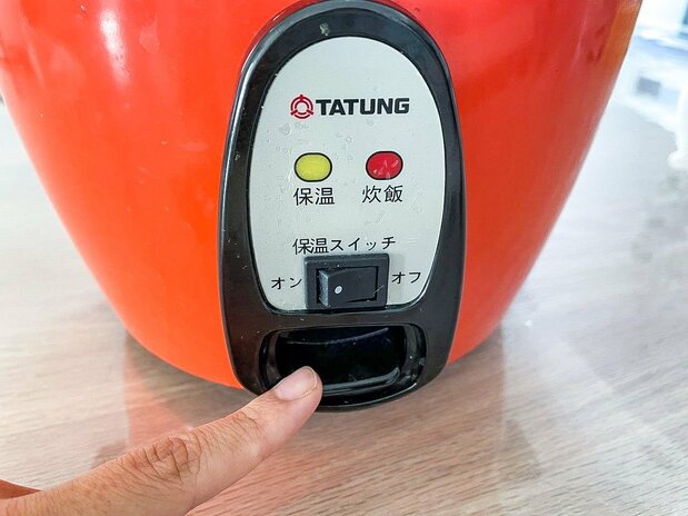 スイッチを押す。電源のオンオフと保温の切り替えボタンのみ