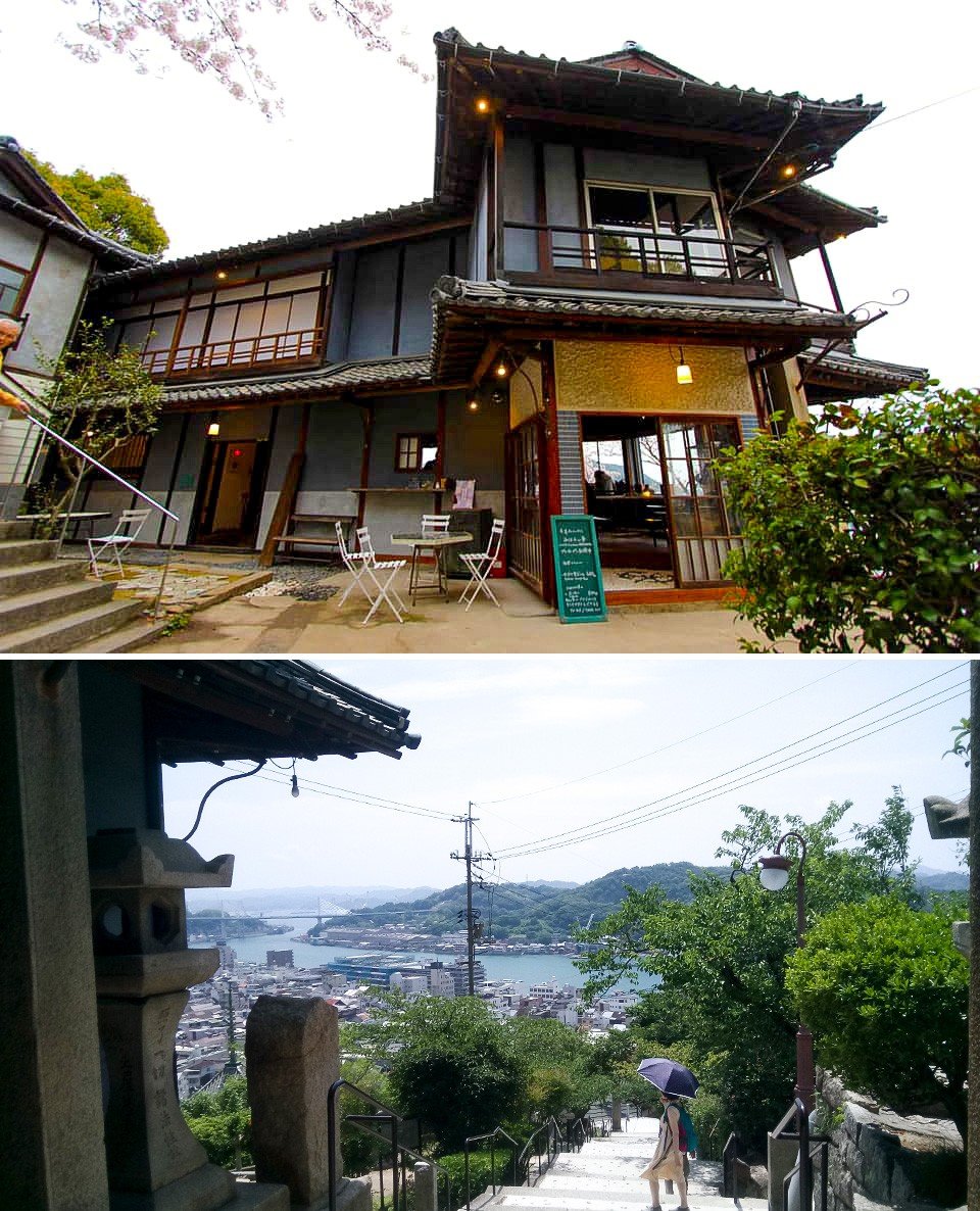 築100年の茶園を再生した宿・みはらし亭（上の写真「尾道空き家再生プロジェクト」提供）から尾道のまちと海をみわたす（下の写真は筆者提供）