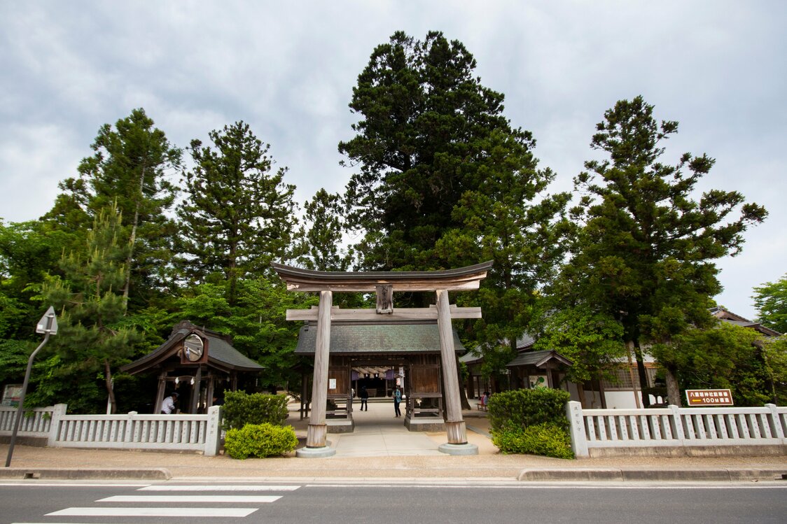 八重垣神社入口。视线穿过鸟居，可以看见正门“隋神门”
