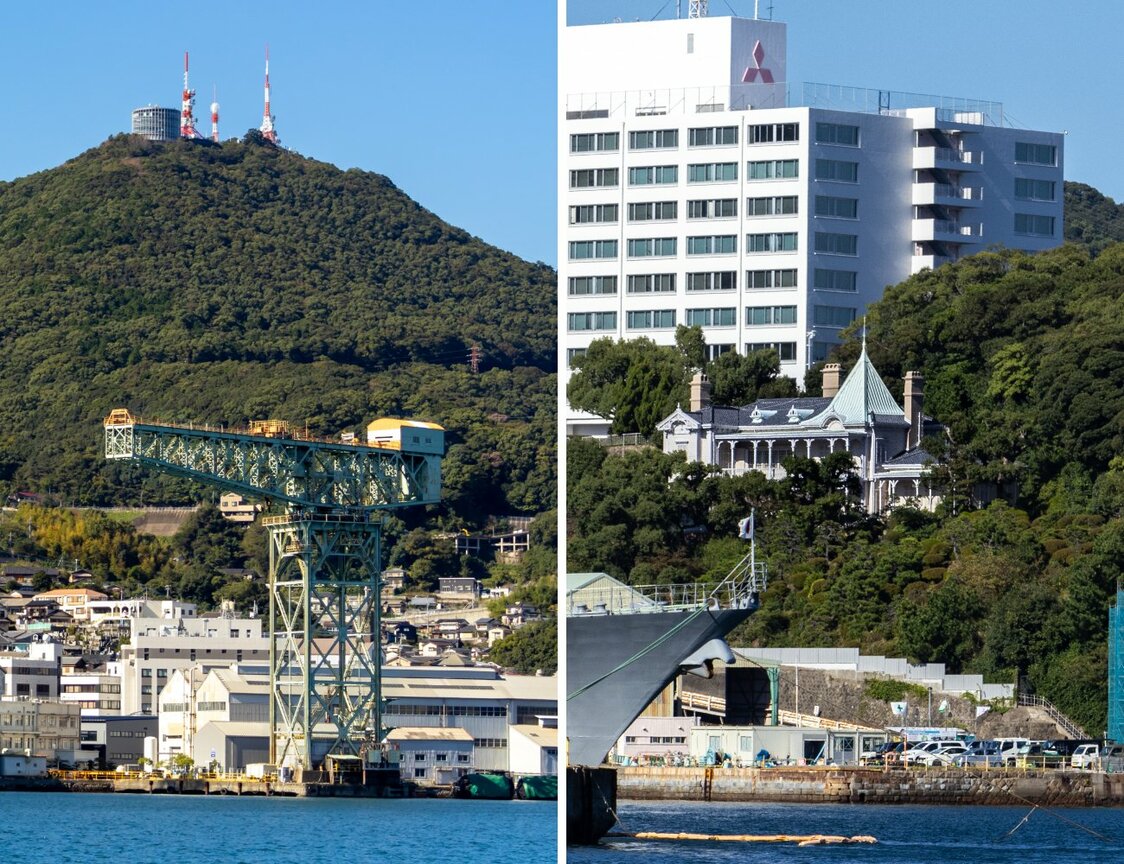 Left: The 62-meter high giant cantilever crane. Right: Senshōkaku, a Western-style reception building, overlooks Nagasaki Port from high above. (© Nippon.com)