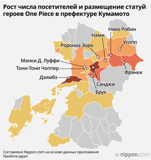 Рост числа посетителей и размещение статуй героев One Piece в префектуре Кумамото