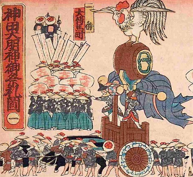 神田明神祭の祭礼行列一番「大伝馬町 諫鼓鶏(かんこどり)」。諫鼓鶏は、鶏の鳴き声によって君主に善政を促し想像上の鳥だ。東京都立中央図書館特別文庫室所蔵