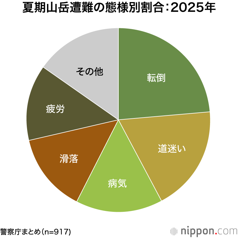 夏期山岳遭難の態様別割合：2025年