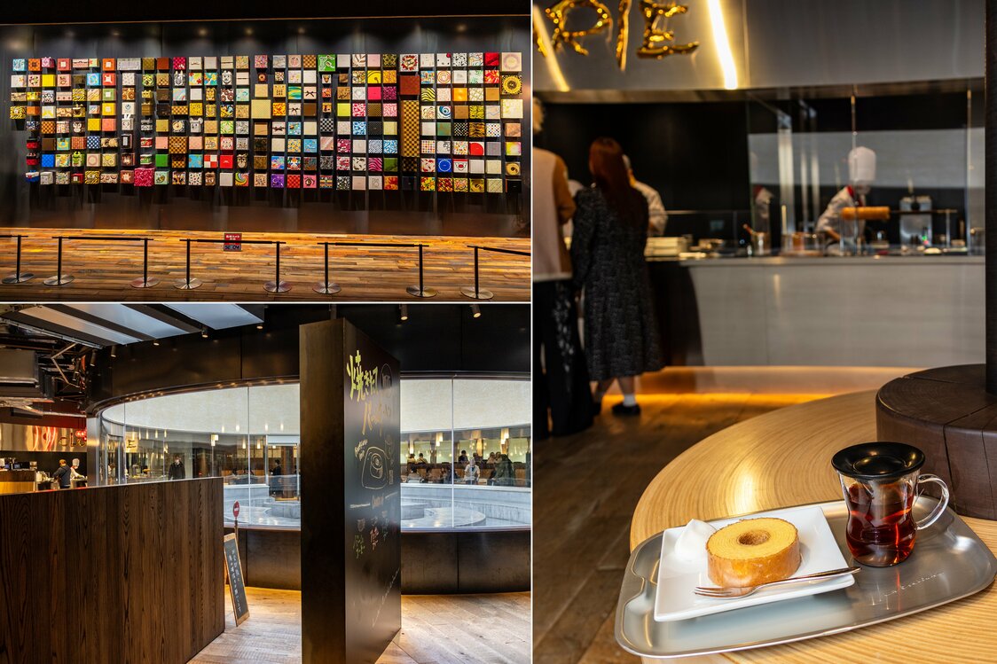 Clockwise from top left: Packaging from the past is displayed along the tour route; the famed cake and a cup of tea; at the upstairs café; the architecture of the space itself resembles a slice of the cake. (© Nippon.com)