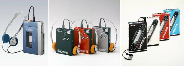 Classic cassette players: from left, the original 1979 Walkman, second-generation 1981 devices, and lighter 1985 versions using slim, rechargeable batteries.