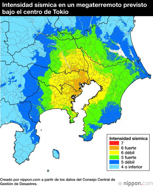 Intensidad sísmica en un megaterremoto previsto bajo el centro de Tokio
