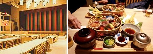 大众演剧的演出场地（左）“风吕咖啡”里的和食（右）