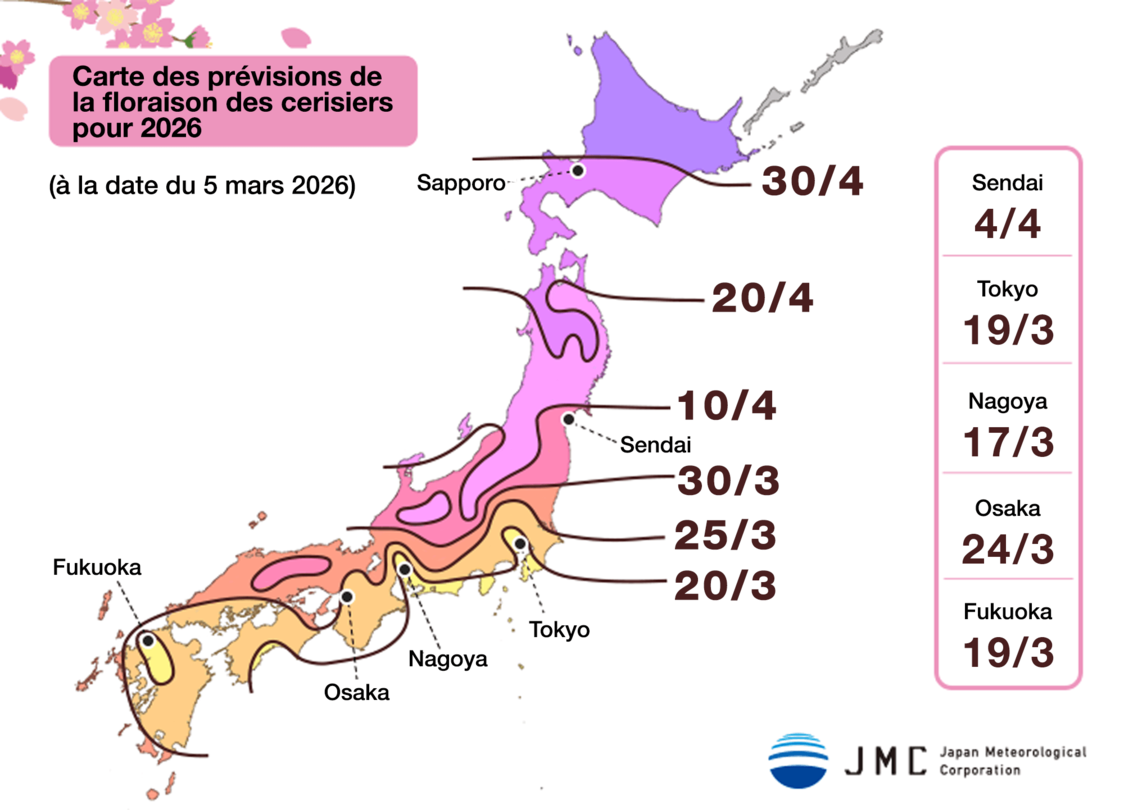 Carte des prévisions de la floraison des cerisiers pour 2026