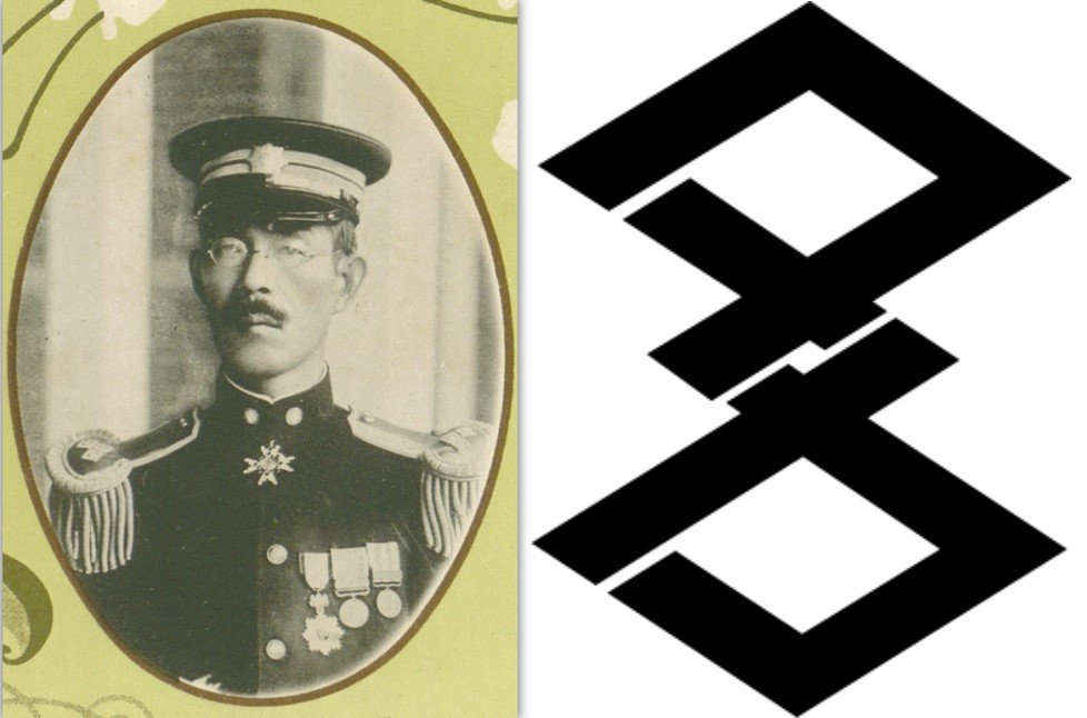 日本統治時代曾任台灣的總務長官下村宏（左）與高雄市過去市徽（1924-1945），取自片假名的「タカ」