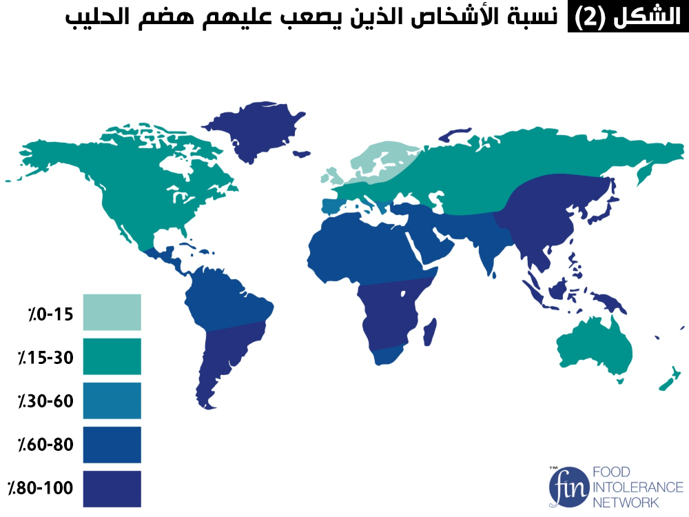 هناك اختلاف في القدرة على هضم الحليب وفقا للعرق. كلما كان اللون داكنا، كانت المنطقة يوجد فيها أشخاص يجدون صعوبة في هضم الحليب