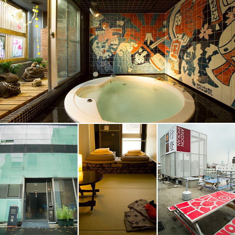 الصورة العلوية: النزل يتميز بوجود جاكوزي. الصورة السفلية من اليسار: بناء نزل ”Andon Ryokan“ المصمم بطريقة عصرية. الصورة السفلية من الوسط: غرف تاتامي تشعر بالدفء. الصورة السفلية من اليمين: الشرفة في الدور العلوي تطل على قلب المدينة.