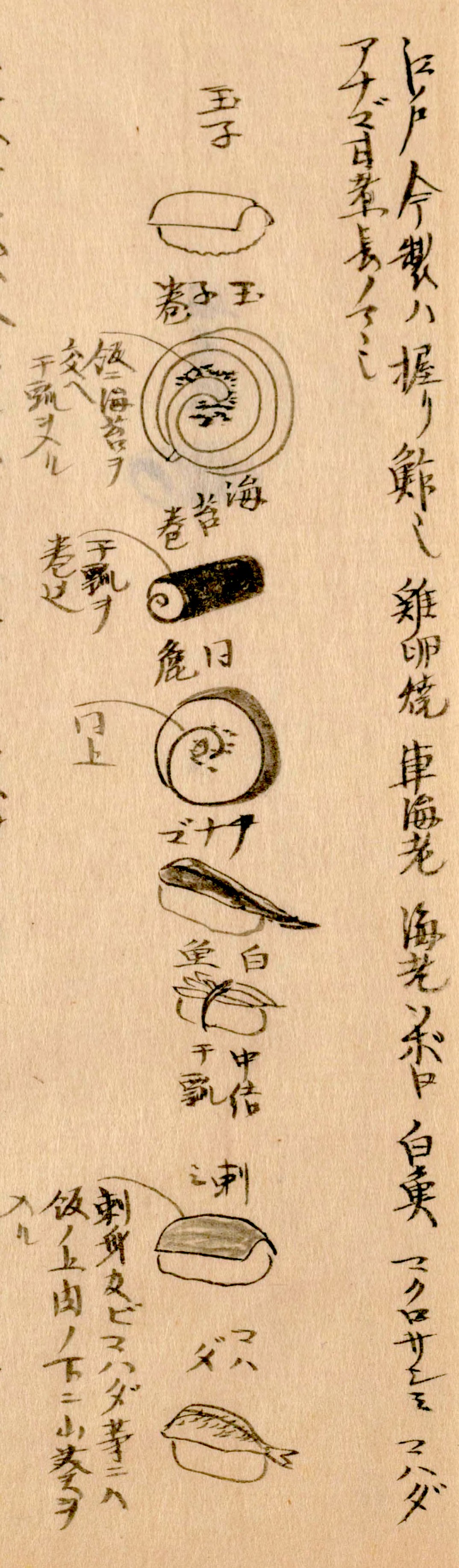 Muestrario de nigirizushi (sushi apretado a mano) de Edo (Tokio). De arriba abajo, tamagoyaki (tortilla de huevo), tamagomaki relleno de kanpyō (envoltura de tortilla de huevo con una conserva de cierta especie de calabaza), norimaki (con envoltura de algas nori), corte transversal de un norimaki, anago (anguila de mar), shirauo (“pez de hielo”, pececillos algo mayores que las angulas), sashimi de maguro (atún) y kohada (especie de arenque). (Morisada Mankō, colección de la Biblioteca Nacional de la Dieta)