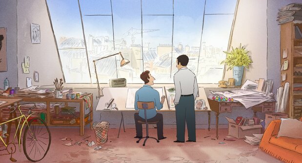 サンペの仕事場で登場人物のキャラクターについて話し合う2人 ©2022 Onyx Films – Bidibul Productions – Rectangle Productions – Chapter 2