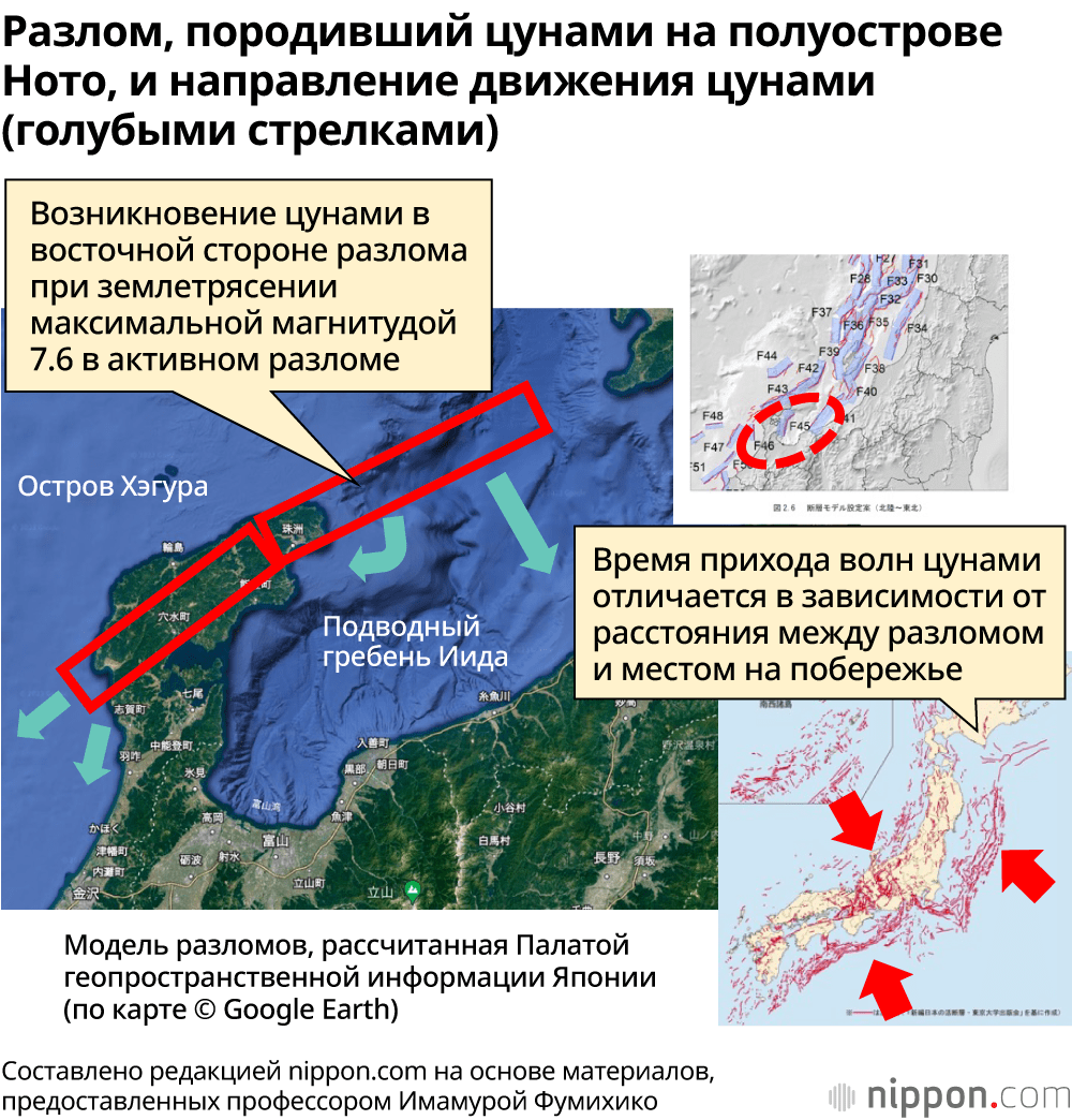 Разлом, породивший цунами на полуострове Ното, и направление движения цунами (голубыми стрелками)