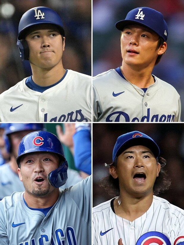 左上：大谷翔平（道奇队）USA TODAY Sports via Reuters Connect 右上：山本由伸（道奇队）USA TODAY Sports via Reuters Connect 左下：铃木诚也（小熊队）David Smith/Cal Sport Media/Sipa  右下：今永升太（小熊队）TNS/ABACA via Reuters Connect