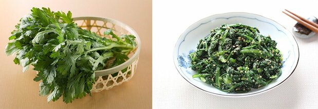  Сырая сюнгику (слева); сюнгику с кунжутным соусом (© Pixta)