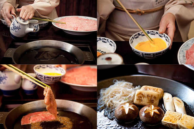 1. Pour a small amount of “warishita” (a mixture of soy sauce, “mirin,” and sugar) into the heated “nanbu tekki” iron pot (enough to cover half of the pan’s surface). 2. Before the “warishita” boils, gently beat an egg with chopsticks, being careful to avoid forming bubbles. 3. Place two slices of beef on areas of the pot not covered by the “warishita”; once the beef is slightly cooked stir the “warishita” around the pan to mix it with the meat. 4. Once the flavor and juices from the meat have dissolved into the “warishita,” add vegetables and tōfu to the mix.